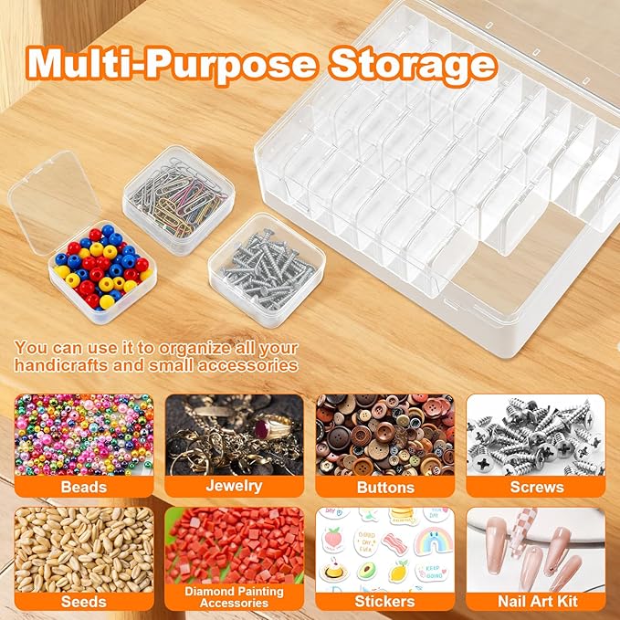 2 Pack 60 Pcs Bead Organizer Box, Clear Plastic Storage Containers Features Hinged Lid and Labels, Craft Storage Box for Jewelry, Diamonds, Clay Beads, Bracelets, Screws, Seeds, Small Parts