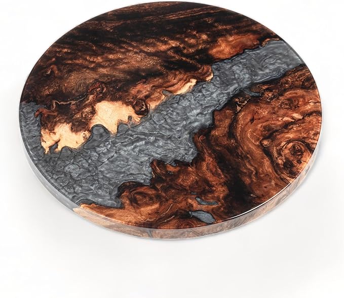 Handmade Reversible 16" Wood and Epoxy Resin Lazy Susan, Turntable for Kitchen Countertop, Rotating Display Stand, Organizer and Storage for Dining Table, Cup Board, Home Decor (Grey)