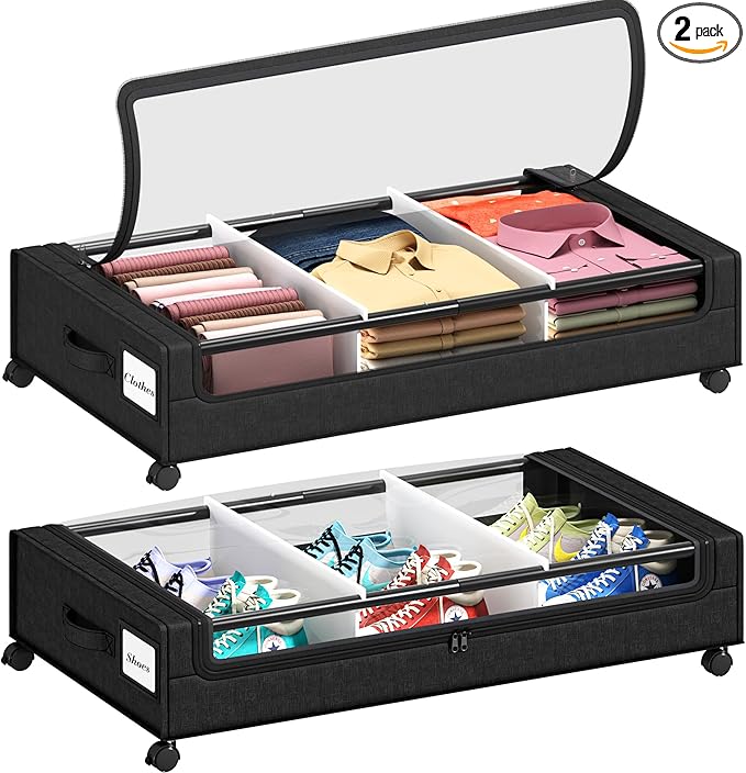 Gientan 2 Pack Under Bed Storage with 4 Dividers, Large Under Bed Storage Containers with Wheels for Clothes, Shoes, XXL Rolling Underbed Storage Organizer Bins with Clear Lids and Handles