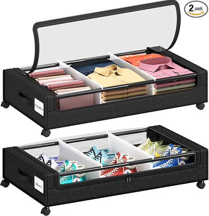 Gientan 2 Pack Under Bed Storage with 4 Dividers, Large Under Bed Storage Containers with Wheels for Clothes, Shoes, XXL Rolling Underbed Storage Organizer Bins with Clear Lids and Handles
