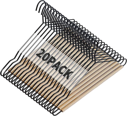 Jiang&Rong 20 Pack Black Wire Hangers, Suit Hangers with Smooth Beech Wood Pants Bar, Heavy Duty Metal Hanger for Closet, Dress, Pants, Sweater, Jacket