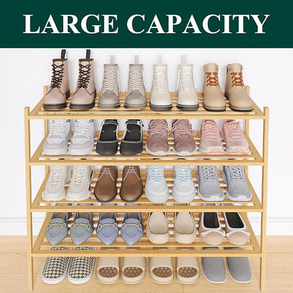 Smiry Long Bamboo Shoe Rack 4-Tier, Stackable Wooden Shoe Organizer for Entryway & Closet, Free Standing Wood Shoe Storage Shelf for Front Door & Small Spaces, Natural
