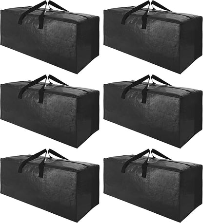 SWEET DOLPHIN 6 Pack Extra Large Moving Bags with Strong Zippers & Carrying Handles, Heavy Duty Storage Tote for Space Saving Moving Storage, Fold Flat, Alternative to Moving Box, Black