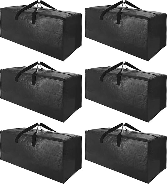 SWEET DOLPHIN 6 Pack Extra Large Moving Bags with Strong Zippers & Carrying Handles, Heavy Duty Storage Tote for Space Saving Moving Storage, Fold Flat, Alternative to Moving Box, Black