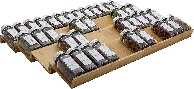 Angimio Bamboo Spice Rack Drawer Organizer - 8 Piece Set - 12" Wide, Combine Into 24" Rack (12" or 24")