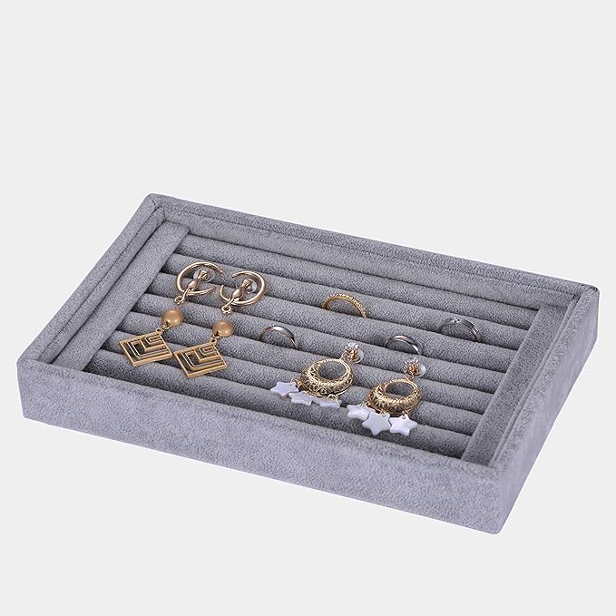 Valyria Velvet 7 Slots Ring Earrings Trays Showcase Display Jewelry Organizer (Grey)