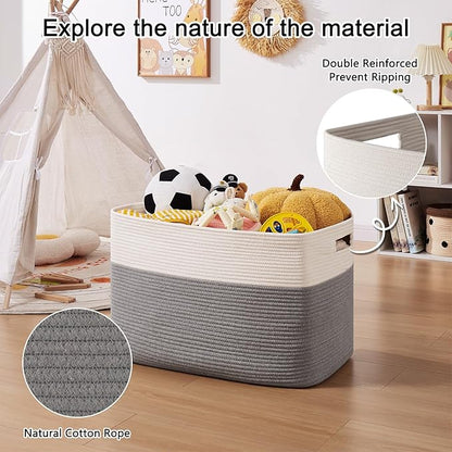 OIAHOMY 108L Extra Large Blanket Basket, 25”x16”x16” Laundry Basket, Blanket Storage for Living Room, Dog Toy Storage with Handle - Grey & White