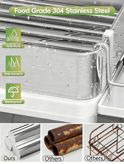 CosyPic Dish Racks, Thicker Premium 304 Stainless Steel Dish Drying Rack for Kitchen Counter, Automatic Drainage Spout, Dish Drainer & Drainboard Set with Utensil Holder and Cup Holder, White