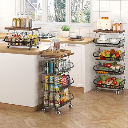 Fruit Basket with Wooden Lid for Kitchen, 5-Tier Stackable Wire Fruit Vegetable Storage Basket Organizer Stand on Wheel, Produce Basket Potato Onion Storage Bins Rack Cart for Pantry