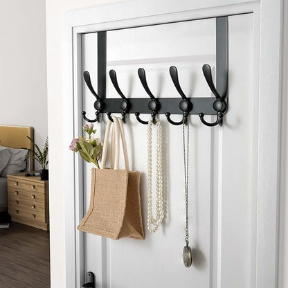 Dseap Over Door Hook 2.0 - Upgraded Version - Simple-Assembly, Strong, Heavy-Duty Stainless Steel 5-Tri-Hook Over The Door Hanger Rack, SimpleStrong Series, Black, Pack of 2