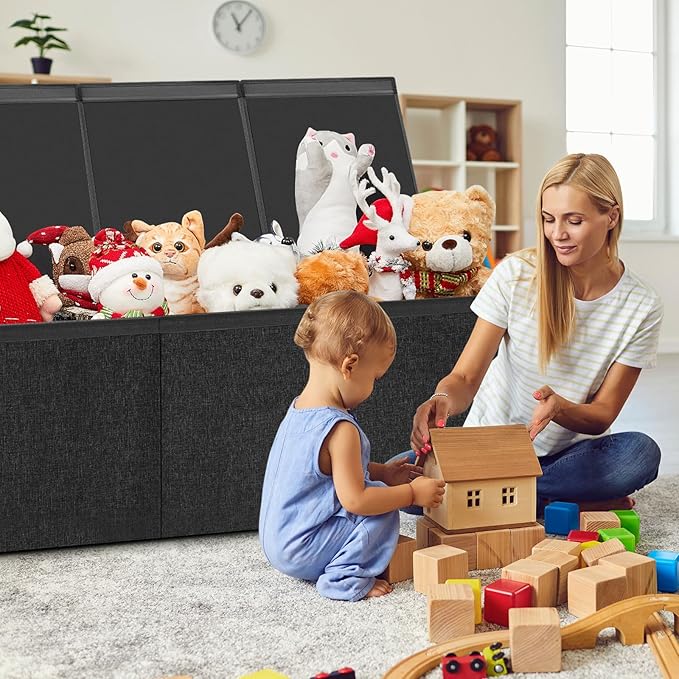 Patelai Extra Large Toy Box Chest with Lids 4/3 Grids Large Chest Collapsible Kids Toy Storage Baskets Gifts for Boys Girls Living Room Nursery Playroom(49.2 x 13 x 15.7'',Black)