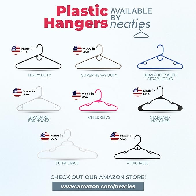 Neaties Plastic Hangers 100+ Pack (150 Count) – Made in The USA – 6lb Capacity Standard Clothes Hangers with Strap Hooks for Dresses, Lingerie, Shirts, Pants, and Jackets – Black