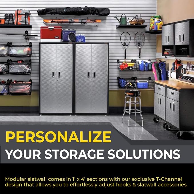 Heavy Duty 4x4 PVC Garage Slatwall Storage System (with Endcaps & Screws) - Modular Slat Wall Paneling for Garage Wall Organizer - Interlocking Slatwall Panels for Home & Commercial Use (Grey)