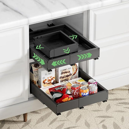 BUFOR 2 Pack Pull out Cabinet Organizer, Width (10"-15") Depth (11"-17"), with 3 Rails Adjustable Slide, Expandable Drawers for Cabinets, No Drill Adhesive Kitchen Drawers for Pantry Shelves black