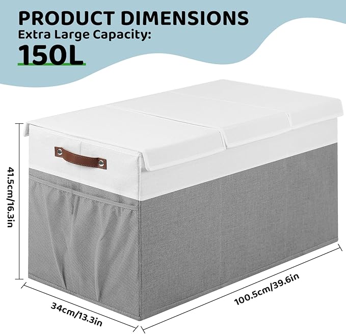Extra Large Toy Chest, Foldable Storage Box, Large Storage Bins With Lids, Suitable for living rooms, studies, bedrooms(40"X18"X14",White & Grey)