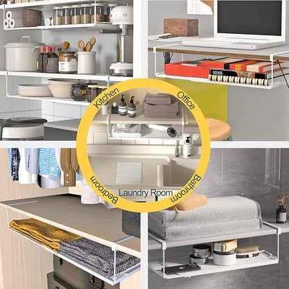 2 Pack Hanging Under Shelf Storage Basket Organizer,Expandable Under Shelf Storage,Metal & White,Heavy Duty Slide-in Storage Baskets,Space Saving for Cabinet,Desk,Pantry,Kitchen