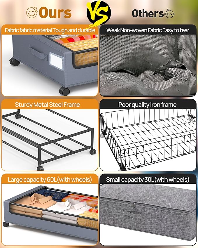 YEEBONIX Under Bed Storage With Wheels, 2 Pack Square Containers, 60L Bins, Rolling Metal Drawer for Clothes, Blankets, Shoes