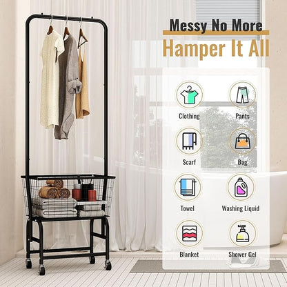 ALIMORDEN Laundry Cart with Clothes Rack, Rolling Laundry Butler with Wire Storage Rack，Black