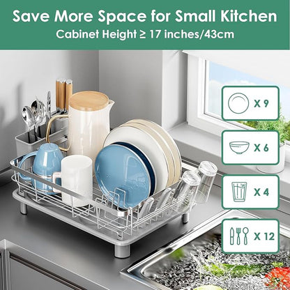 MOUKABAL Dish Drying Rack - Stainless Steel Dish Rack, Dish Racks for Kitchen Counter, Drying Rack Kitchen with Removable Utensil Holder, Drainboard and Glass Organizer (Grey)