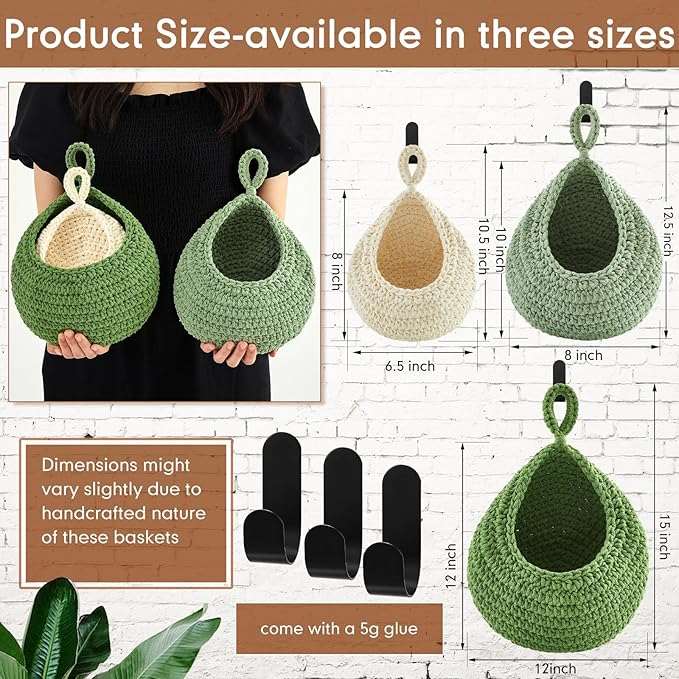 Honeydak Boho Decor Hanging Wall Baskets for Kitchen 3 Pack Teardrop Baskets with Hooks Storage Fruit Onion Vegetable Potato for Home 3 Sizes(Sage Green,Cotton Rope)