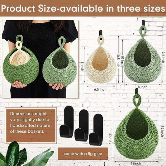 Honeydak Boho Decor Hanging Wall Baskets for Kitchen 3 Pack Teardrop Baskets with Hooks Storage Fruit Onion Vegetable Potato for Home 3 Sizes(Sage Green,Cotton Rope)