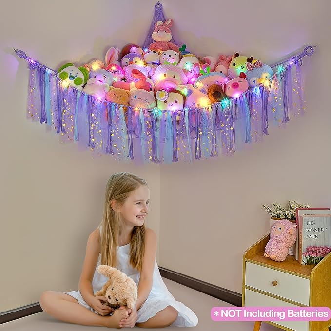 FIOBEE Stuffed Animals Net or Hammock with LED Light, Toy Hammock Hanging Stuffed Animals Storage Organizer Holder Room Décor for Nursery Kids Bedroom