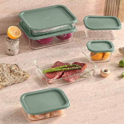 EATEX 6 Pack Glass Meal Prep Containers with Grooved Base, 6 Stackable BPA Free Glass Storage Containers with Lids for Lunch, Pantry, and Kitchen - Microwave, Dishwasher Freezer & Oven Safe - Sage