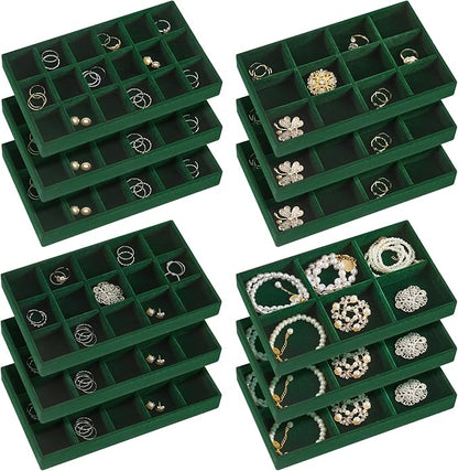 Junkin 12 Pcs Jewelry Tray Velvet Stackable Jewelry Organizer Trays Divided Earring Accessories Storage Containers Box (Rose Red)