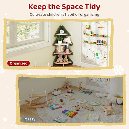 Tree Bookshelf for Kids, 4-Tier Montessori Corner Bookcase, Space-Saving Freestanding Storage Organizer for Books & Toys, Suitable for Kids Room, Playroom, Classroom, Nursery