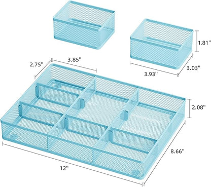 Marbrasse 3 Packs Desk Drawer Organizers, Metal Mesh Dividers with 9 Adjustable Compartments, Pen Organizer for Drawer Tray Box Accessories for Desktop,Kitchen, Makeup(Blue)