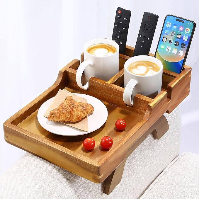 Acacia Wood Couch Arm Tray, 15.35"x9.85" Couch Armrest Table with Cup Holder, Foldable Desktop for Dual Use Sofa Arm Tray, with Non-Slip Feet
