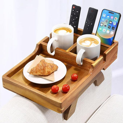 Acacia Wood Couch Arm Tray, 15.35"x9.85" Couch Armrest Table with Cup Holder, Foldable Desktop for Dual Use Sofa Arm Tray, with Non-Slip Feet