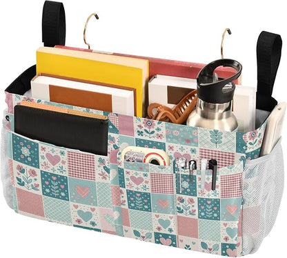 Jihqo Bedside Caddy Hanging Storage Bag Gingham Floral Bedside Organizer Caddy for Bunk, Dorm Room, Hospital Beds - Place Magazines / Remotes / Keys