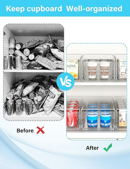 WRRLORS 6 Pack Stackable Storage Drawers,Clear Fridge Organizer with Handles and Movable Dividers,Pull-Out Acrylic Drawer Organizer for Pantry, Bathroom,Kitchen Undersink,Cabinet