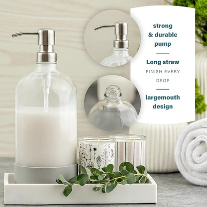 32 oz Glass Pump Bottle Rustproof Stainless Steel Pump, Funnel, and Lids. Modern Farmhouse Vintage Jar, Large Glass Shampoo Bottles with Pump and Laundry Soap Dispenser - Silver