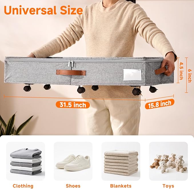 KitHero 6 Inches Under Bed Storage with Wheels Pack of 2, Underbed Shoe Storage Container Bin with Clear Lid Cover, Rolling Under Bed Drawer Bag Basket for Shoe Organizer Sheet Sweater - Grey