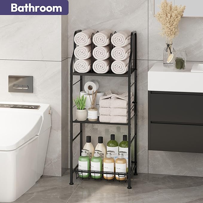 SWTYMIKI Free Standing Towel Rack - 3 Tier Towel Racks for Bathroom with M-Shaped Dividers, Durable Metal Towel Holder, Pool Towel Rack, Space-Saving Towel Storage Organizer, Modern Bath Towel Shelf