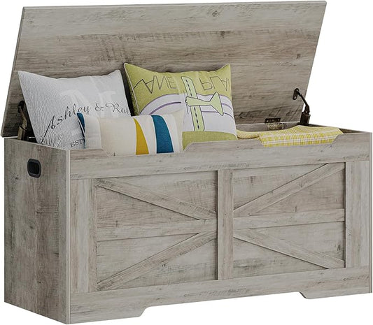 39.4" Storage Chest, Extra Large Storage Trunk with 2 Hinges, Wooden Box Bench, Lift-Top Organizer Chest, Shoe Bench for Entryway, Bedroom, Living Room, Greige SB03405X