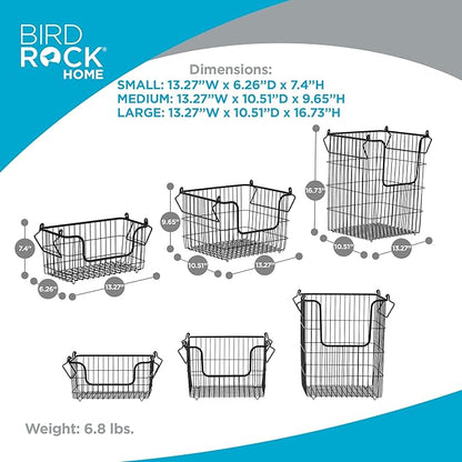 BIRDROCK HOME 3pc Stackable Wire Storage Bins - Fruit Vegetable Organizer - Modern Farmhouse - Pantry Cabinet - Metal Bin for Kitchen Countertop - Bathroom Storage - Black