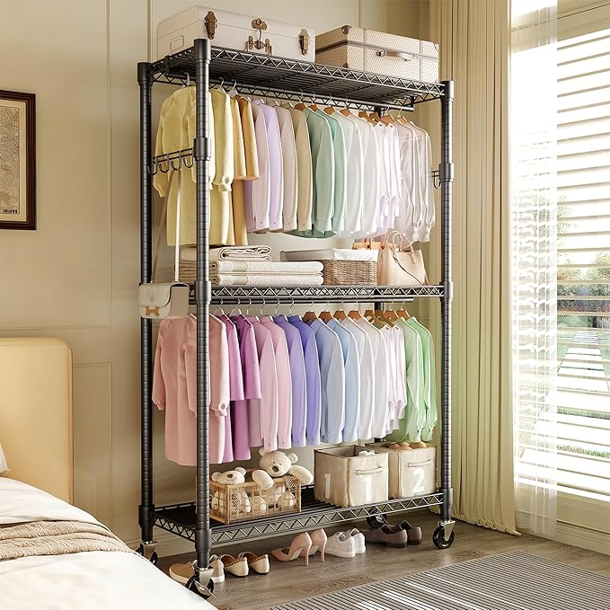 Garvee 3 Tier Clothes Rack with Wheels, Adjustable Shelves & 2 Hanging Rod, Heavy Duty Clothing Rack Closet Organizer Freestanding Wardrobe for Hanging Clothes, 79.6" H x 45.3" W x 15.8" D, Black
