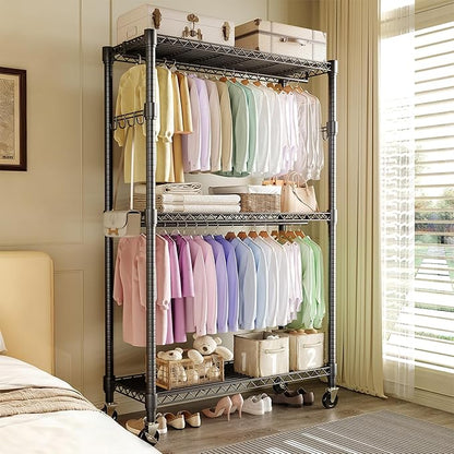 Garvee 3 Tier Clothes Rack with Wheels, Adjustable Shelves & 2 Hanging Rod, Heavy Duty Clothing Rack Closet Organizer Freestanding Wardrobe for Hanging Clothes, 79.6" H x 45.3" W x 15.8" D, Black