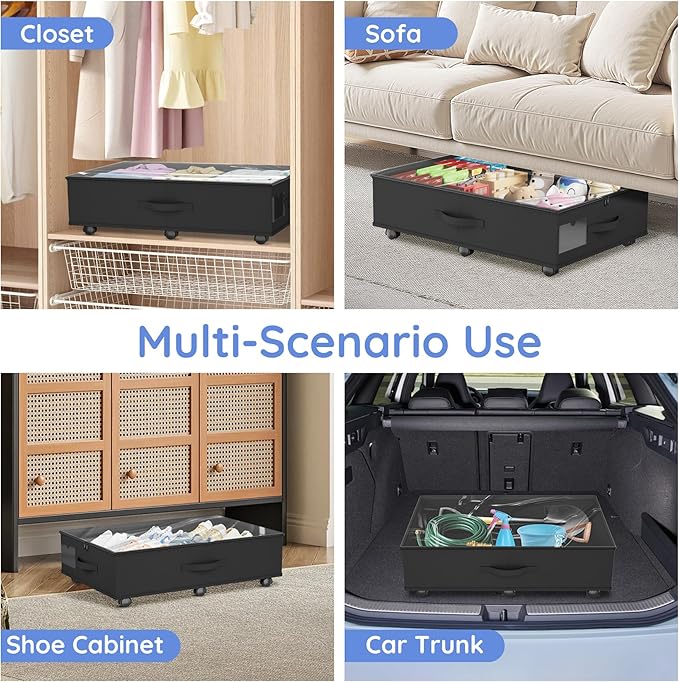 Under Bed Storage with Wheels, 2-Pack Under Bed Storage Containers with Clear Lids, Under the Beds Storage Organizer Bins With Handles, Under Bed Drawer for Clothes, Shoes, Books, Toys