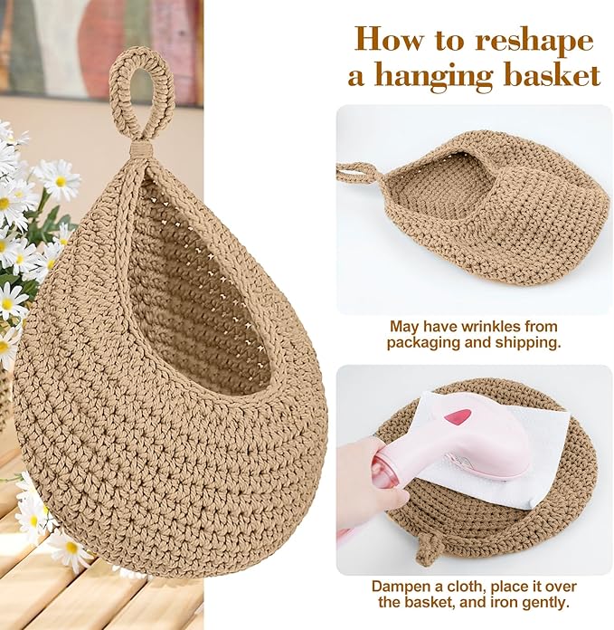 Boho Hanging Fruit Baskets for Kitchen with Hooks and Deco Flowers, 3 Pack handwoven Cotton hanging basket, Wall Basket for Vegetable Potato Onion Home Produce Storage (brown)