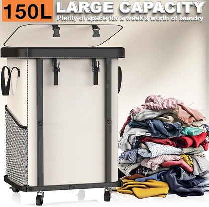150L (40 Gal) Large Fashion Laundry Basket with Wheels, Leather Patchwork Rolling Hamper Carts, Sturdy Metal Frame, Removable Washable Bag, Tall Clothes Sorter for Bedroom, Laundry Room - Beige