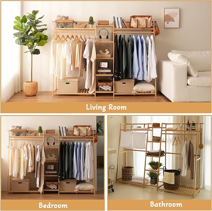 Bamboo Garment Rack 9 Tier Storage Shelf Coat Clothes Hanging Rack, Portable Wardrobe Closet Organizer With Top Shelf, Shoe Storage Shelves for Bedroom (Natural - 74.8 in)