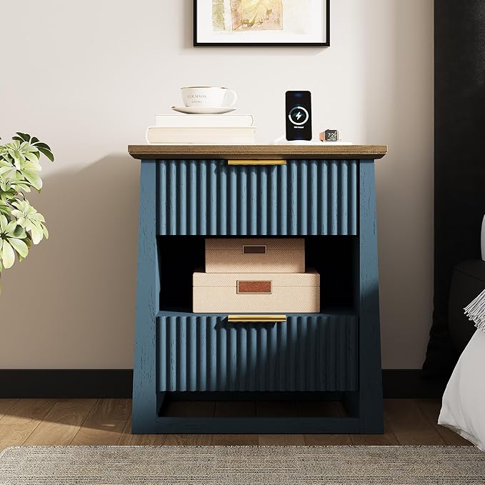 HIFYOBRO Fluted Nightstands with Charging Station & Motion Sensor Light, Modern Bedside Tables with 2 Drawers and Storage Shelf for Bedroom,Blue