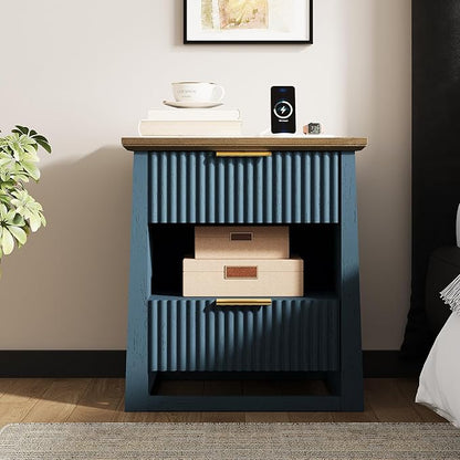 HIFYOBRO Fluted Nightstands with Charging Station & Motion Sensor Light, Modern Bedside Tables with 2 Drawers and Storage Shelf for Bedroom,Blue