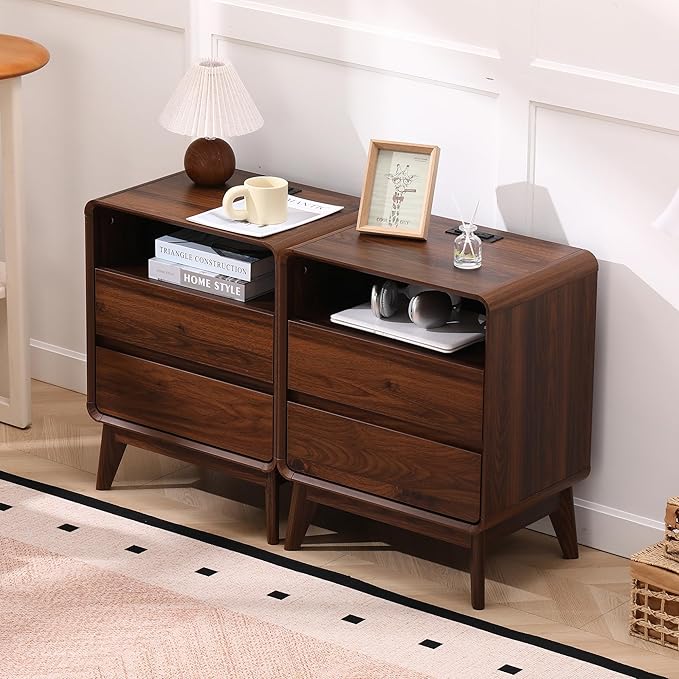 GlowVitaHome Nightstands Set of 2, Wood Bedside Tables with 2 Drawers and Open Storage, Accent End Tables with Solid Wood Legs for Bedroom,Walnut