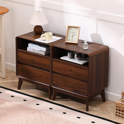 GlowVitaHome Nightstands Set of 2, Wood Bedside Tables with 2 Drawers and Open Storage, Accent End Tables with Solid Wood Legs for Bedroom,Walnut