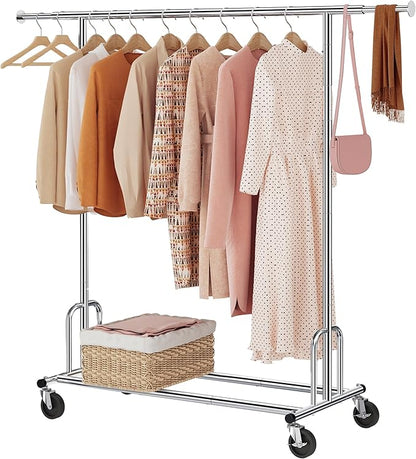 Tajsoon Heavy Duty Clothes Rack Foldable Garment Rack with Wheels and Extendable Rod, Freestanding Clothing Rack for Hanging Clothes, Adjustable ＆ Collapsible Rolling Racks with Bottom Shelf, Chrome
